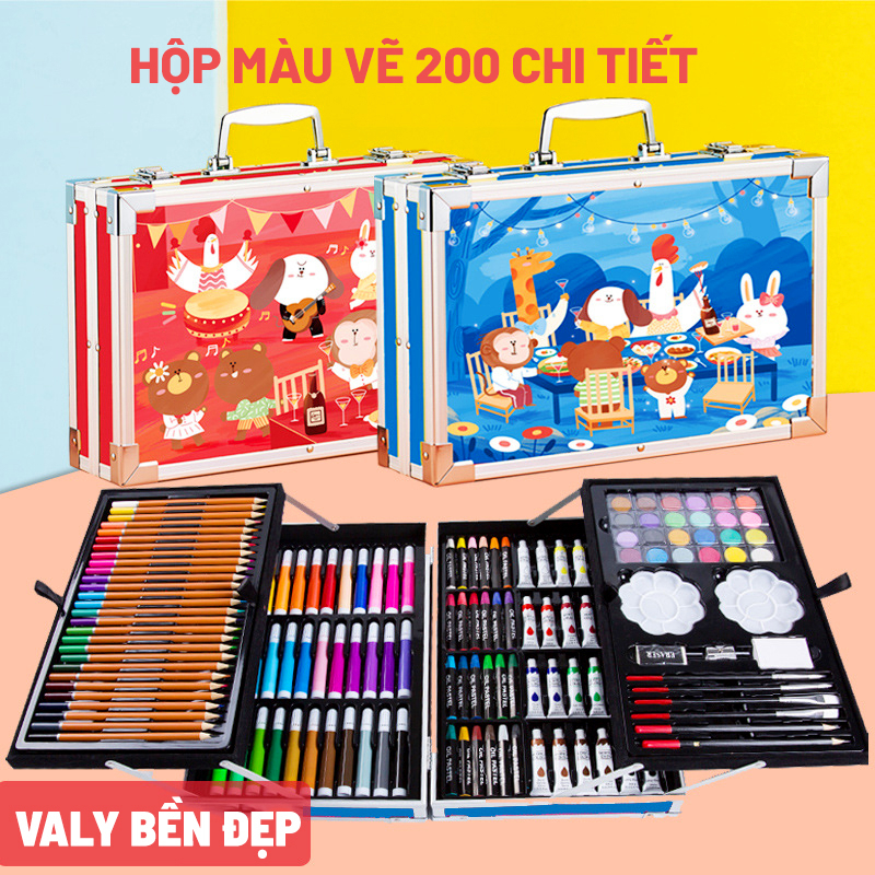Hộp Vali Màu Vẽ 200 Chi Tiết Cho Bé, Hộp Bút Màu Đa Năng