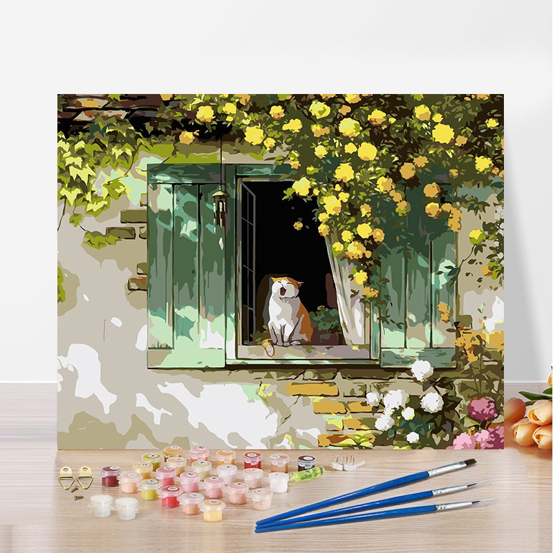 Tranh sơn dầu số hóa DIY khổ 40x50cm đã căng khung-Tranh mèo bên cửa sổ