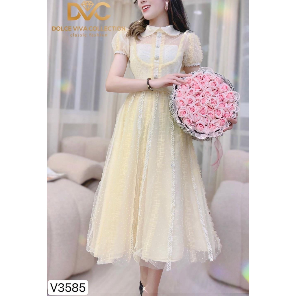 V3585 Váy ren kem phối lưới đính đá tiểu thư DVC váy xoè ren midi cổ sen nữ tính