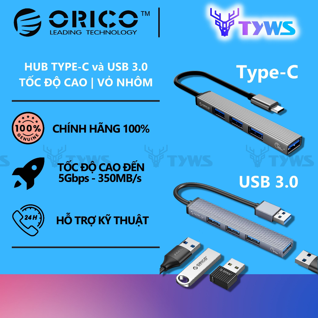 HUB Type-C và HUB USB 3.0 TỐC ĐỘ CAO ORICO cổng chia usb mở rộng cho Máy Tính, Điện Thoại và Máy Tính Bảng AH