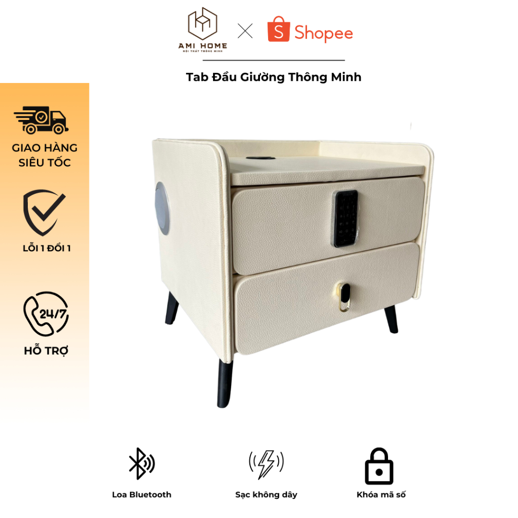 Tủ Đầu Giường, Táp Đầu Giường Thông Minh Cao Cấp Có Sạc Điện Thoại , Đèn Led 3 Tủ Đầu Giường Khóa Mã Số Loa Bluetooth