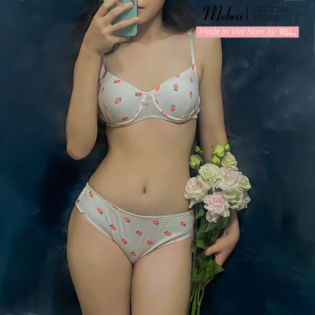[MỚI] Bộ đồ lót cotton có gọng không mút trắng hoạ tiết dâu ngọt ngào trẻ trung dễ thương mát mẻ mùa hè Mebra A106A