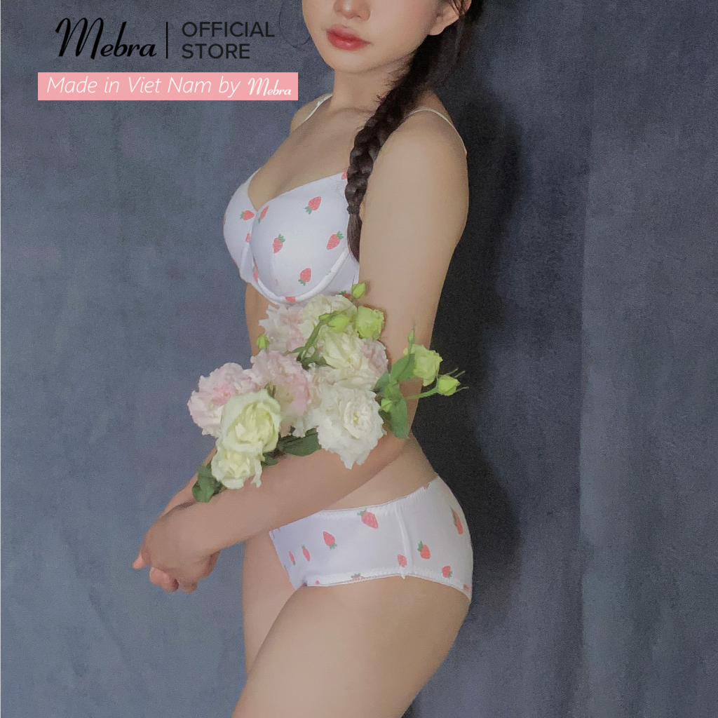 [MỚI] Bộ đồ lót cotton có gọng không mút trắng hoạ tiết dâu ngọt ngào trẻ trung dễ thương mát mẻ mùa hè Mebra A106A