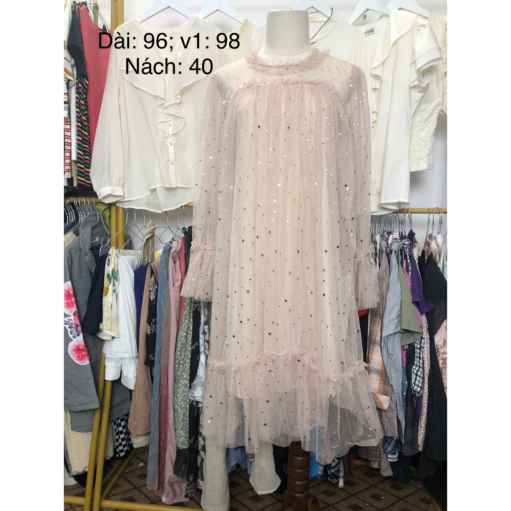 Đầm si tuyển 2hand dài tay, màu hồng nhạt, voan lưới 2 lớp, đính kim sa, phong cách tiểu thư, dễ thương