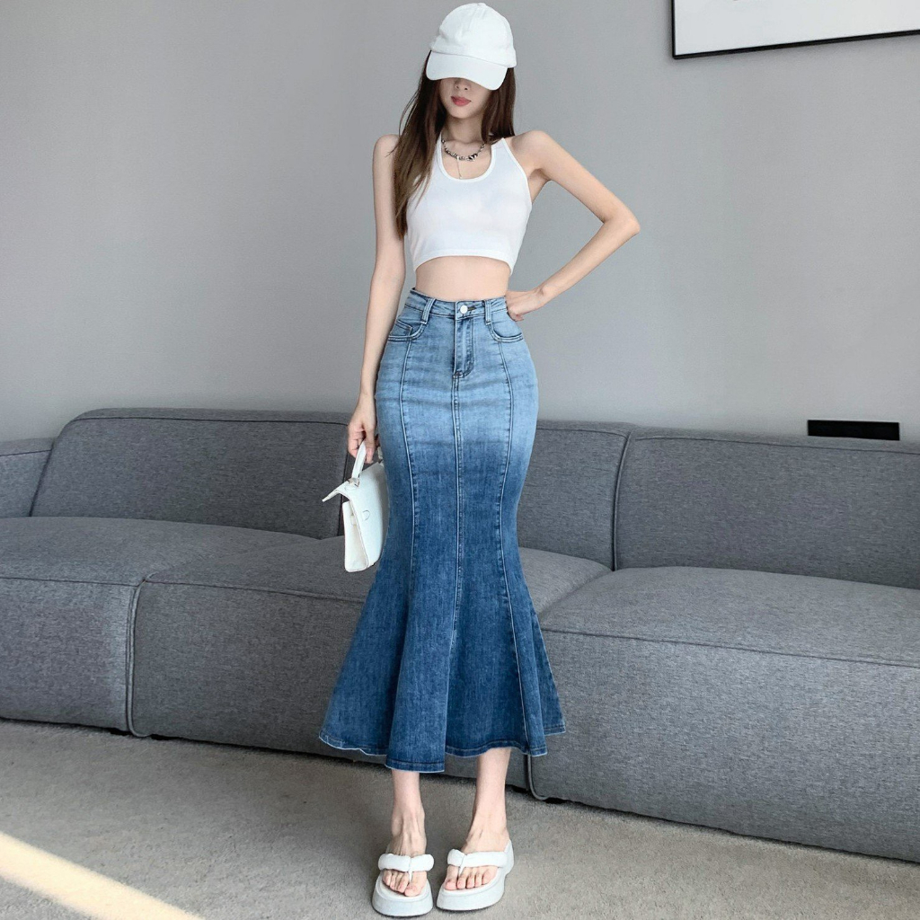 Chân váy jean nữ xòe đuôi cá co giãn