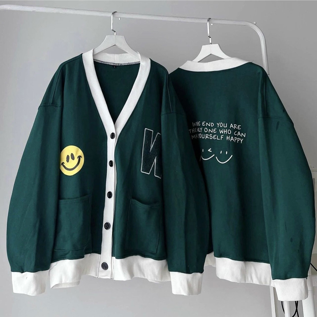Áo Cardigan Nỉ Ngoại W Mặt Cười - Áo Khoác Nỉ Nút Cài Túi Vuông (HD360 - Kèm Ảnh Thật)