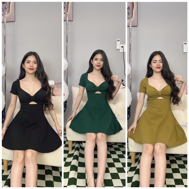 Đầm nơ tay ngắn chất tăm trung co dãn from xoè kho sỉ Hải Chuyền