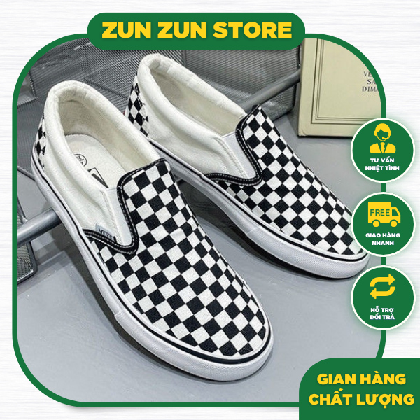 Giày thể thao thấp cổ caro, giày lười slip on nam nữ full box, giày sneaker thể thao nữ