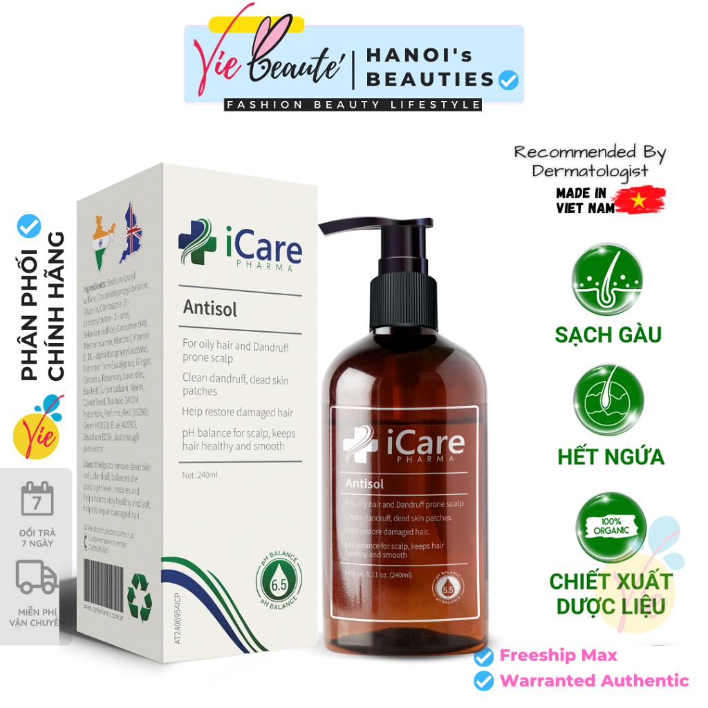 Dầu Gội iCare Pharma Antisol Sạch Gàu Chiết Xuất Dược Liệu Sạch Gàu, Giảm Ngứa, Chống Rụng, Không Gây Khô Tóc 240ml