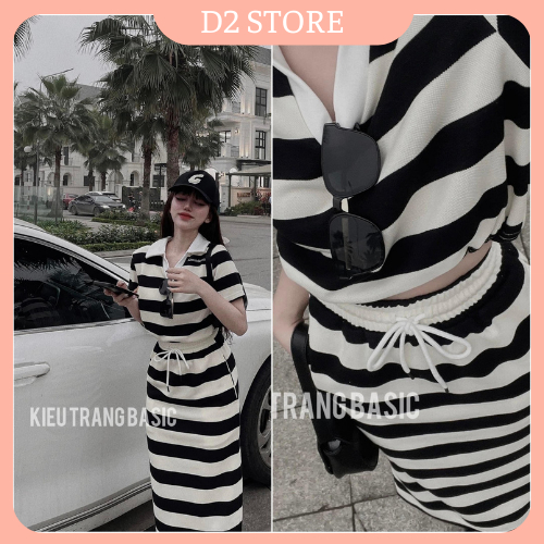 Set Bộ Nữ Áo Croptop Kẻ Ngang Ngắn Tay Cổ Bẻ Mix Chân Váy Midi Dáng Dài Xẻ Vạt Sau Freesize
