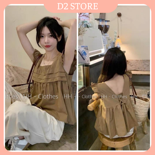 Set Bộ Nữ Áo Cổ Vuông Cánh Tiên Nêu Xếp Nếp Buộc Nơ Lưng Mix Quần Suông Kem