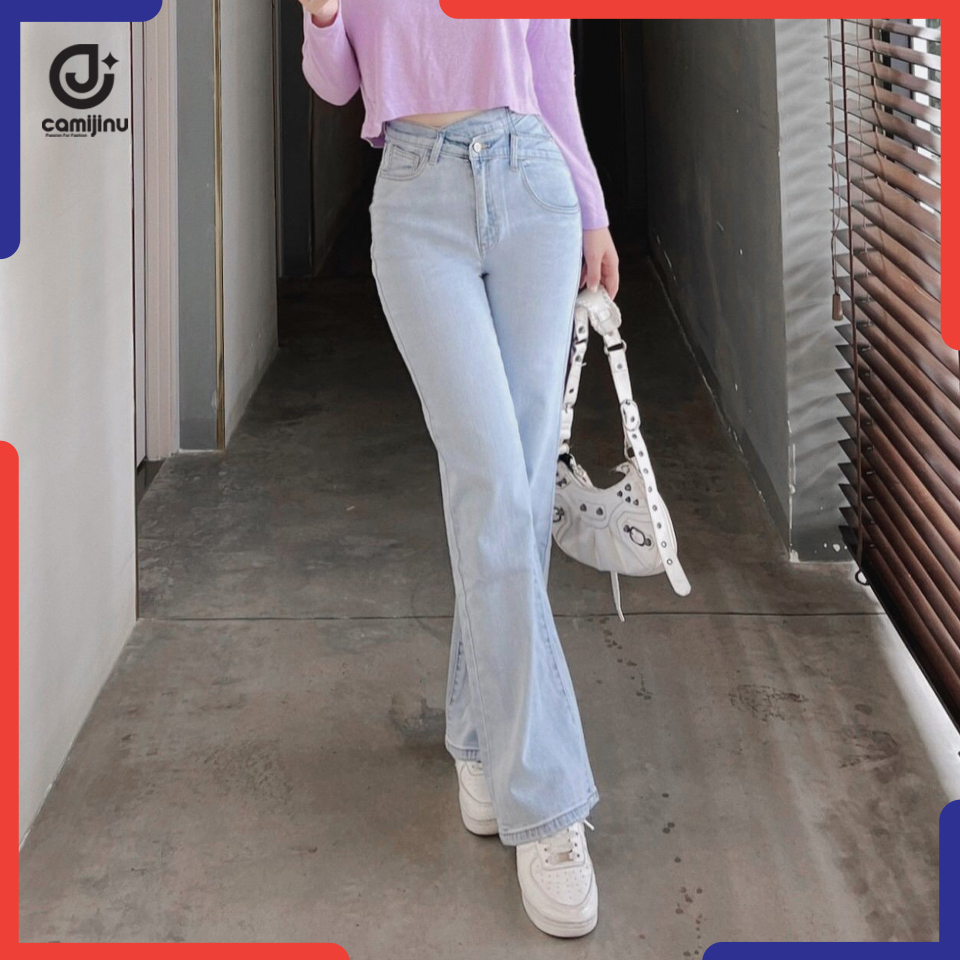 Quần Jeans Nữ Suông Cạp Lệch Đá Nhạt