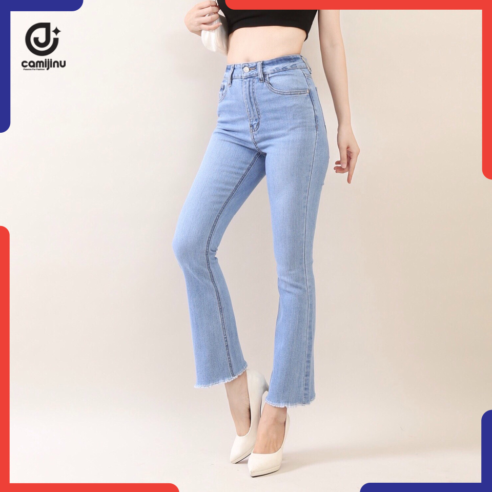 Quần Jeans Nữ Loe Tua Xanh Nhạt