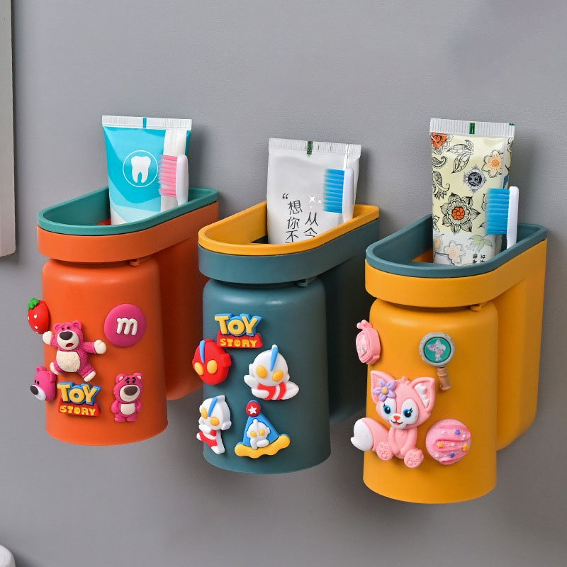 Giá đựng bàn chải đánh răng kiểu úp ngược tích hợp để cốc súc miệng tặng kèm miếng dán tường