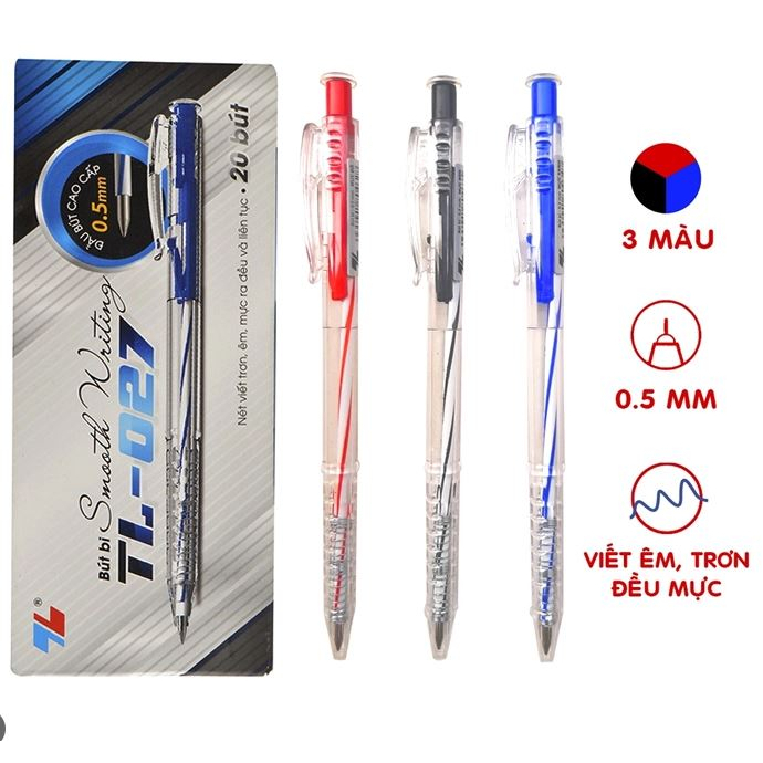 Bút bi THIÊN LONG TL 027 hộp 20 chiếc hàng chính hãng dầu bi nhỏ nét chữ thanh mảnh đường kính nét chữ 0.5mm