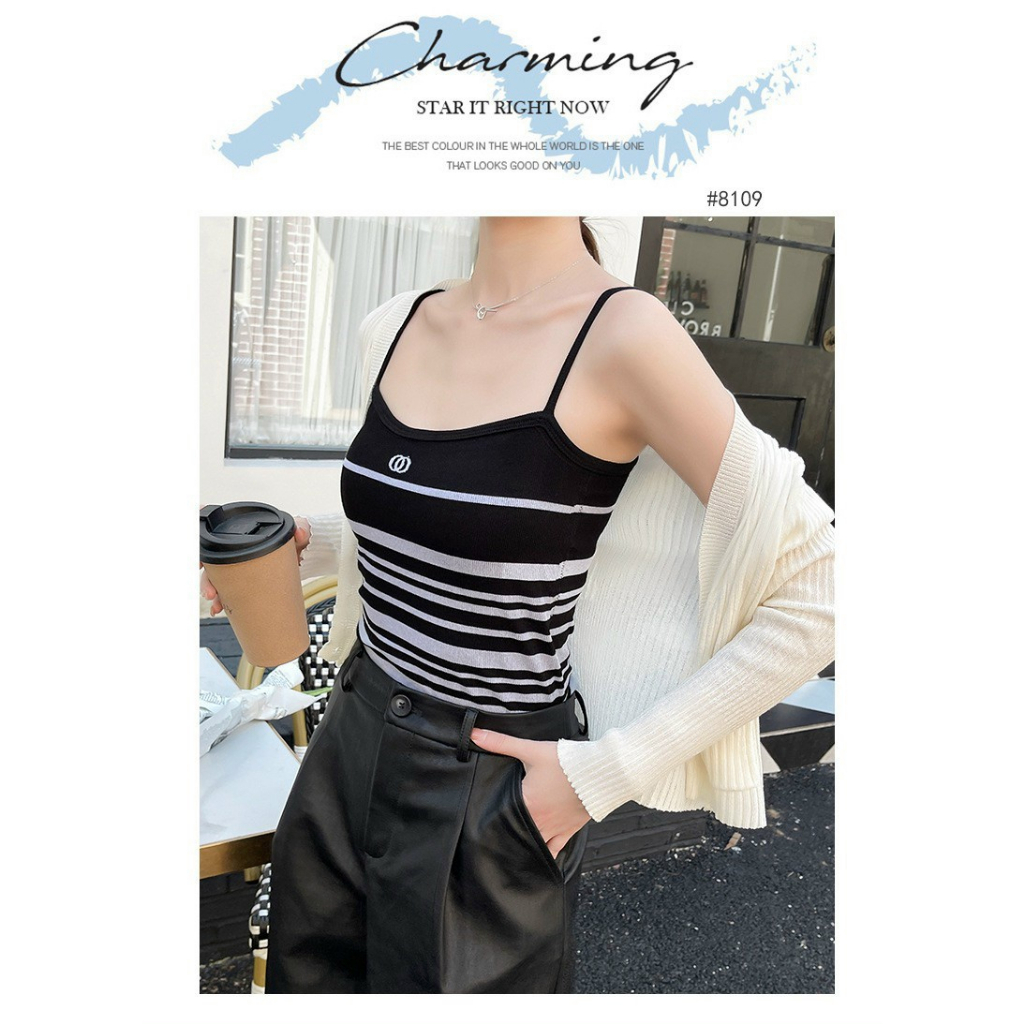 Áo Bra Cotton 2 Dây Dáng Dài Kèm Mút Đệm  Phối Hoạ Tiết Kẻ Ngang (chaL)