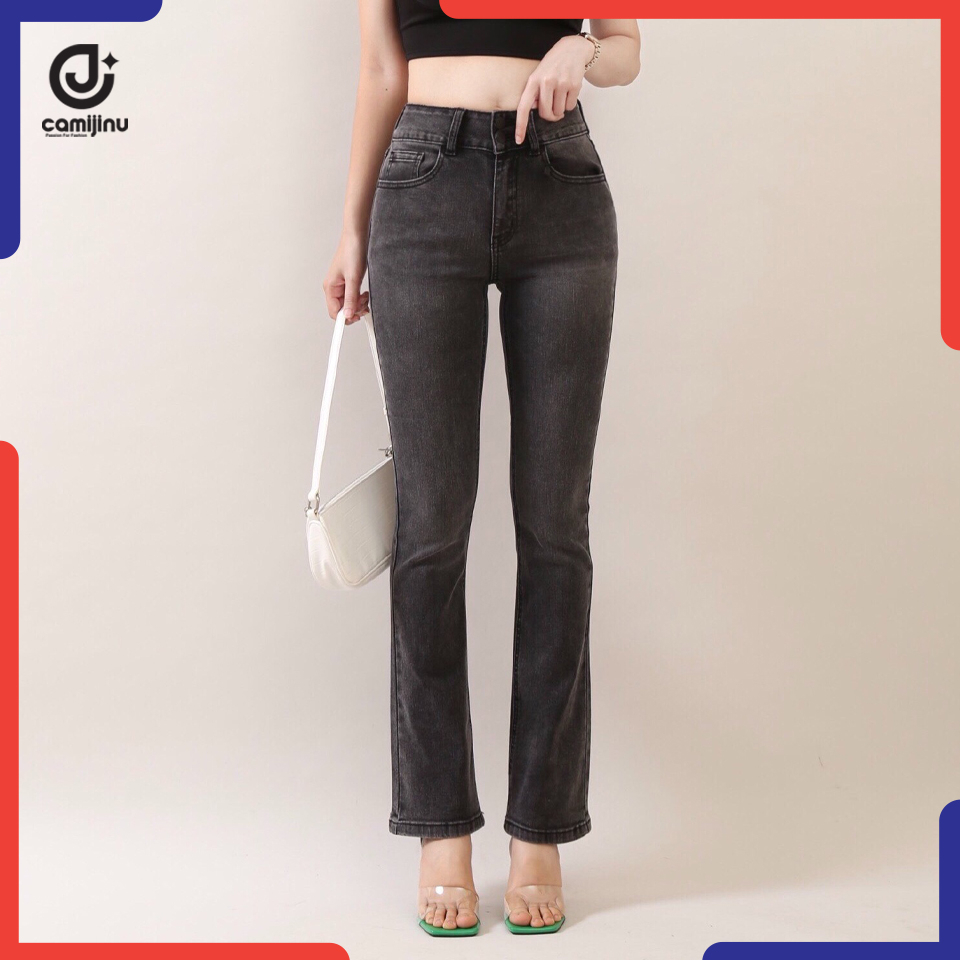 Quần Jeans Nữ Loe 2 Khuy - Cạp Cao - Dáng Dài - Hách Dáng Chân Dài - Màu Xám Đậm - Thương Hiệu Jeans Camijinu