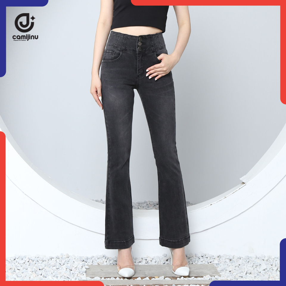 Quần Jeans Nữ Loe 3 Khuy - Cạp Cao - Dáng Dài - Gấu To - Hách Dáng Chân Dài - Màu Xám - Thương Hiệu Jeans Camijinu
