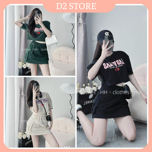 Set Bộ Đồ Nữ Áo Croptop Ngắn Tay Bo Eo Mix Chân Váy Túi Hộp Cạp Chun Có Lót Quần Freesize