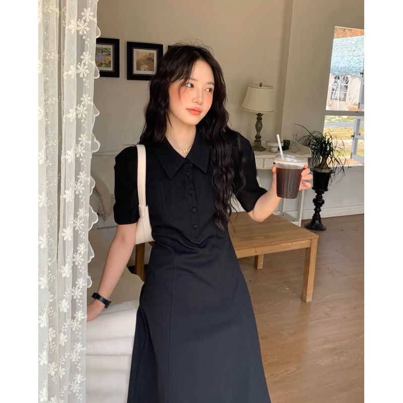 V120 - VÁY ZIP XOÈ CỔ SƠ MI CÚC BỌC