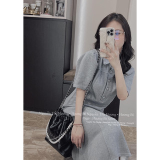 V120 - VÁY ZIP XOÈ CỔ SƠ MI CÚC BỌC