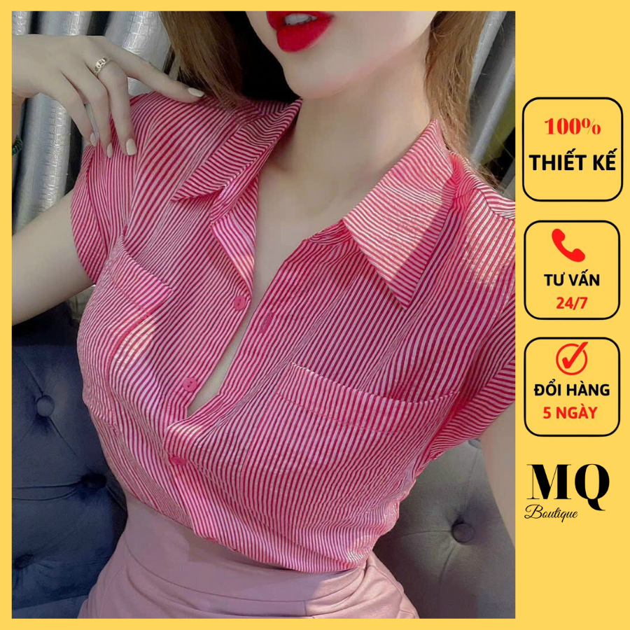 Áo kẻ cộc tay cao cấp mềm công sở tay cánh dơi kẻ bé nhiều màu có túi ngực, áo sơ mi họa tiết thiết kế MQ Boutique