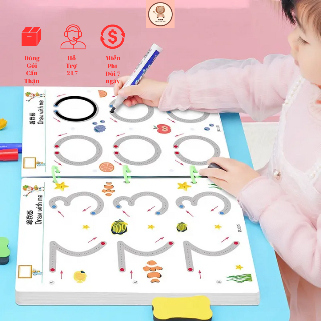 Đồ Chơi Giáo Dục Tập Sách Tô, Vẽ, Xóa Thông Minh 64 trang khổ A4 6 bút xoá (Dành cho bé 2-8 tuổi)