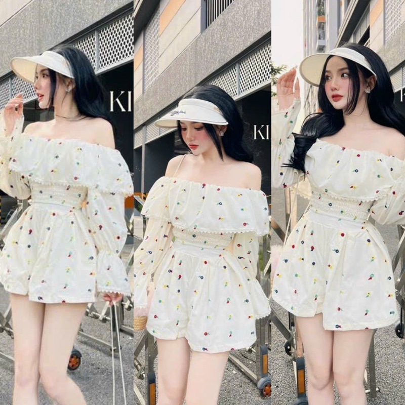 Set Bộ Hoa Ngũ Sắc Áo Croptop Trễ Bẹt Vai Tay Phồng Viền Ren + Quần Short Lưng Cao