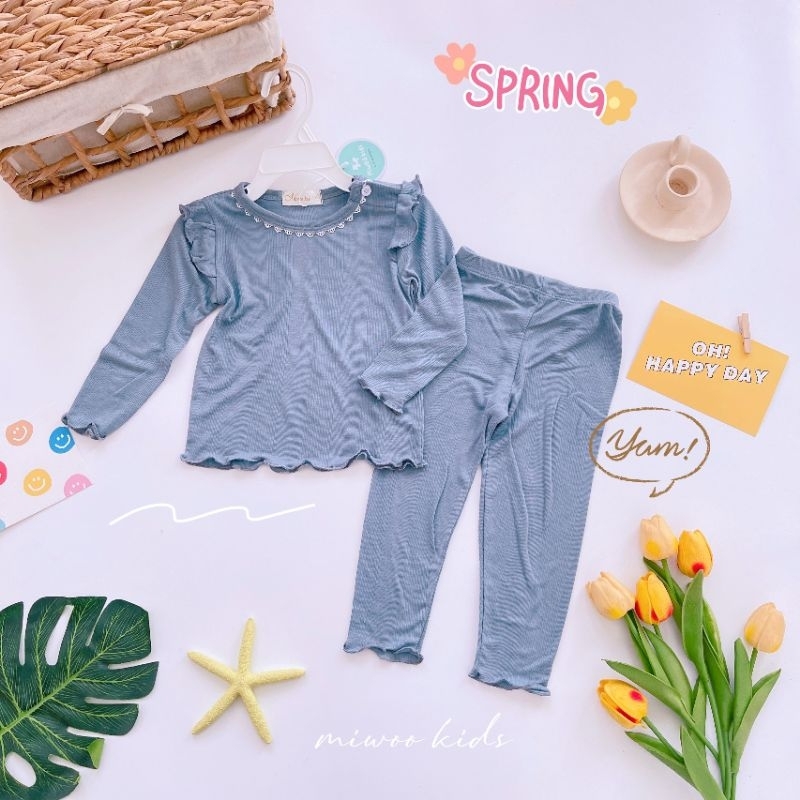 Bộ Cotton Thông Hơi Miwoo Phối Bèo Mặc Điều Hòa Bé Gái