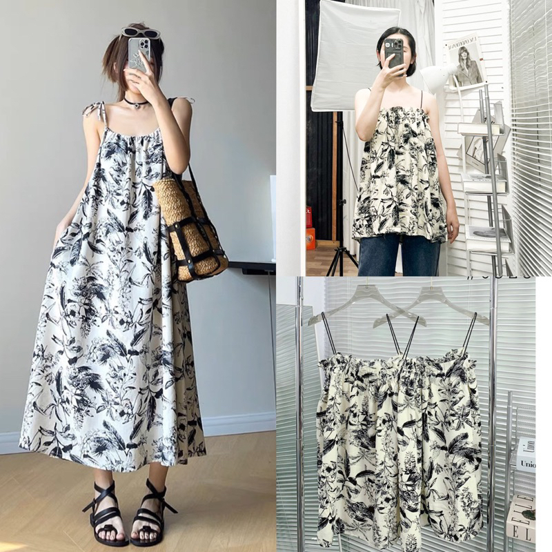 Áo- Váy 2 dây hoa đen Melya dress style Ulzzang, Lipeo.store