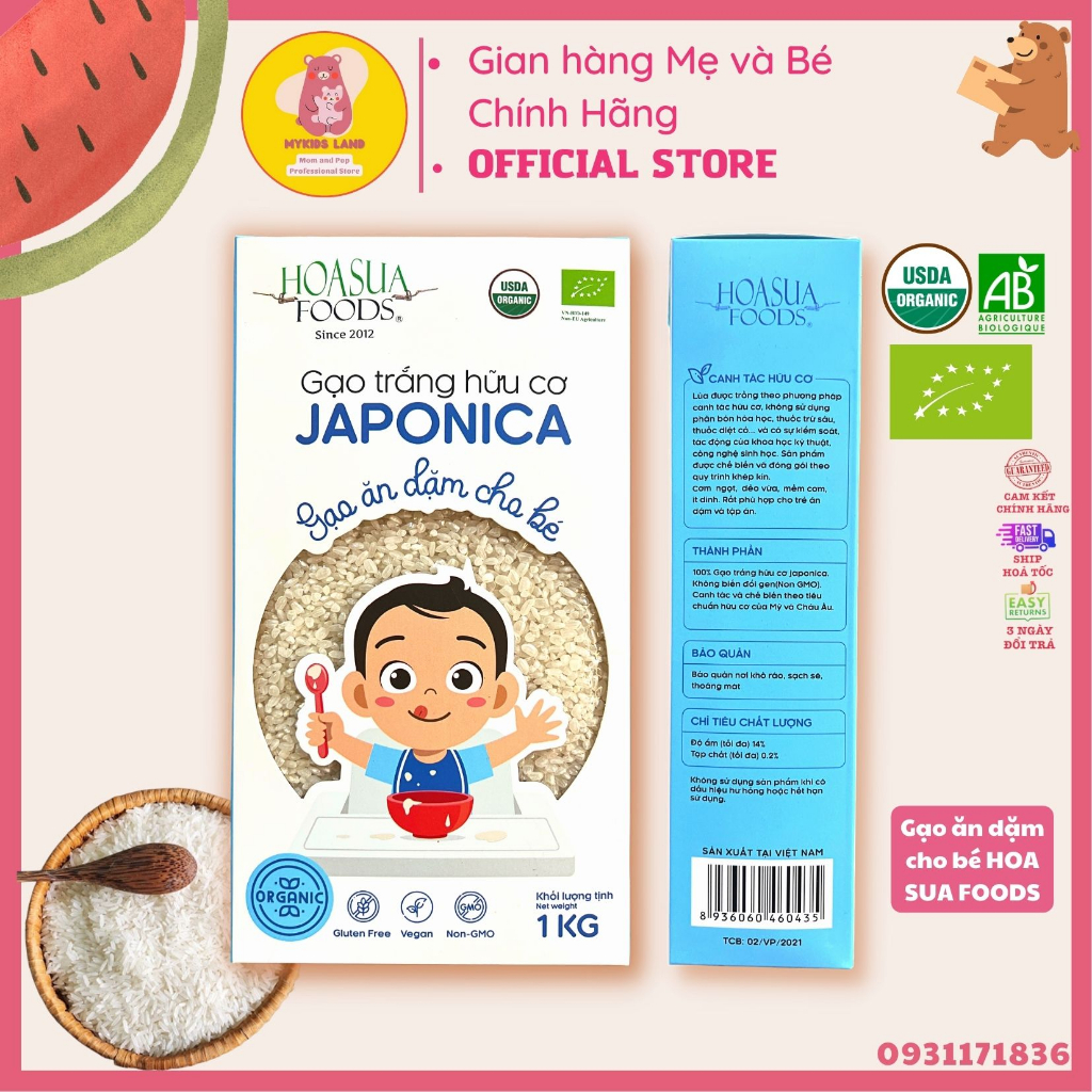 Gạo Trắng Hữu Cơ Cho Bé Ăn Dặm JAPONICA Nhật HOA SỮA FOODS 1kg - Gạo Nấu Cháo