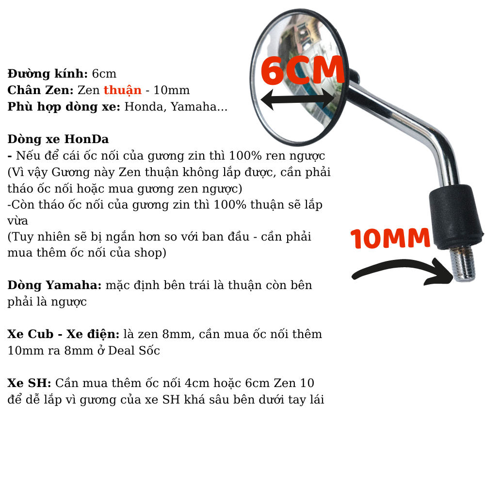 Gương xe máy Mini, gương tròn lồi đường Kính 6cm Zen 10 Cho xe máy, xe điện