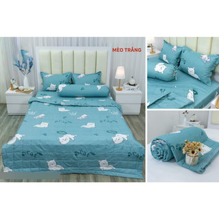 Combo 5 Món Chăn Ga Gối Mèo Trắng Chất Liệu Cotton poly Phong Cách Hàn Quốc