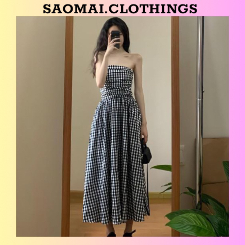 Đầm caro nữ cúp ngực, đầm maxi nữ kẻ caro dáng dài siêu nữ tính