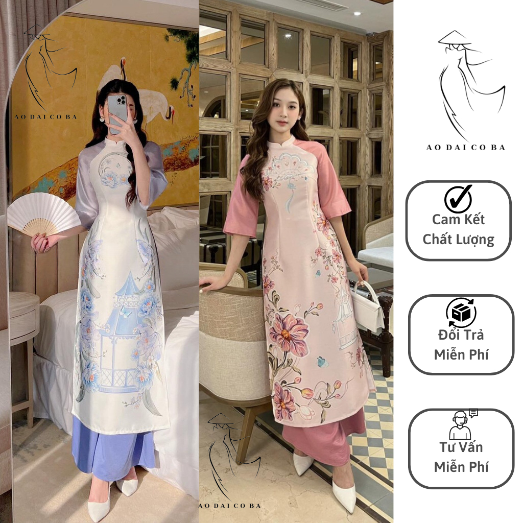 Áo dài cách tân Như Hoa, Như Nguyệt gấm phối lụa-AODAICOBA