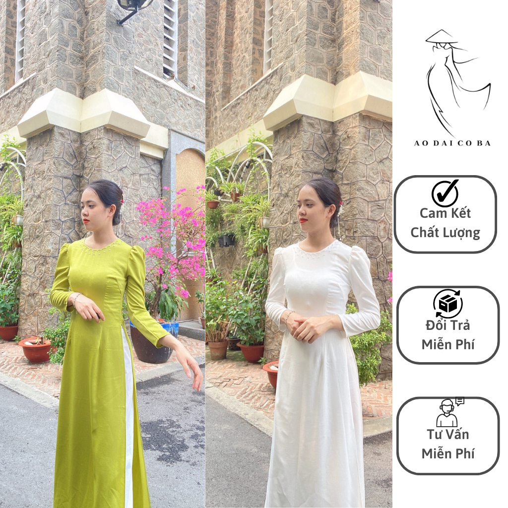 Áo dài truyền thống Lụa Tây Thi, cổ tròn đính ngọc, vai bồng nhẹ nhàng