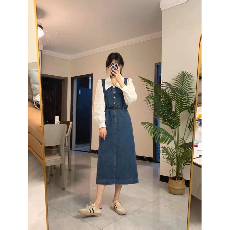 Set áo đầm denim dáng dài kết hợp thanh lịch kèm thắt lưng