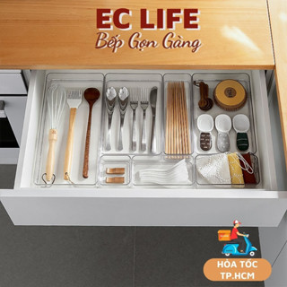 Khay chia ngăn kéo tủ, Khay hộp đựng đồ trong suốt có thể xếp chồng đa năng tiện dụng EC Life