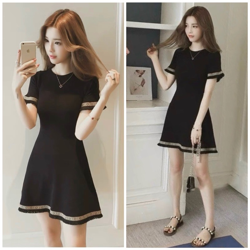 Đầm đen cổ tròn viền thổ cẩm xuongvnxk (kèm hình thật)