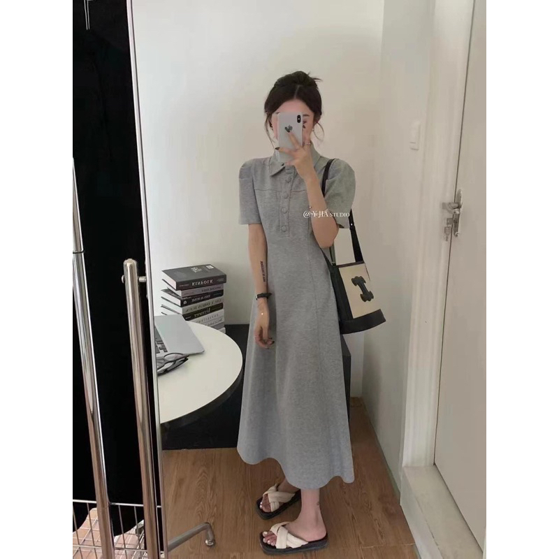 Váy suông xoè polo cổ đức tay lỡ cúc bọc siêu xinh