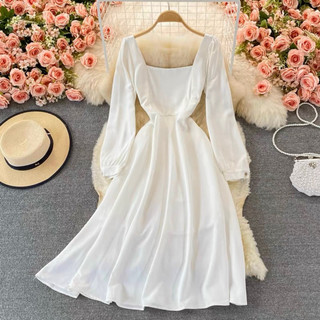Đầm cổ vuông basic tay dài 2 màu (kèm hình thật)