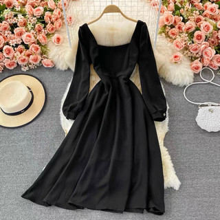 Đầm cổ vuông basic tay dài 2 màu (kèm hình thật)