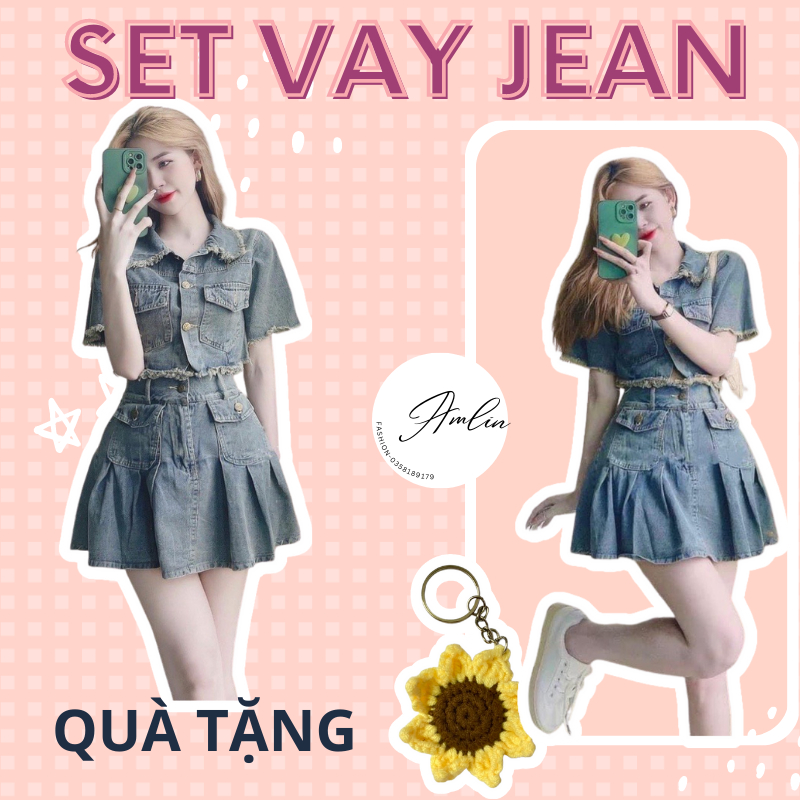 Set áo sơ mi jean kết hợp với chân váy túi hộp trẻ trung năng động