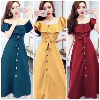 Đầm midi cổ bèo thun vai 3 màu (kèm hình thật)