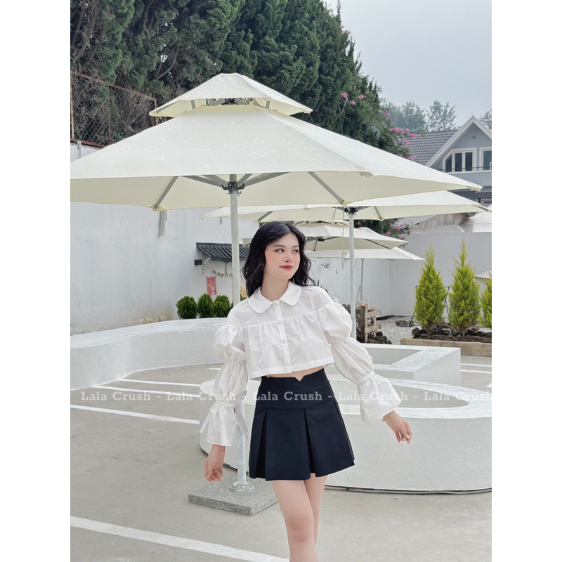 Áo sơ mi dáng croptop tay bồng, dài tay trơn 4 màu LalaCrush