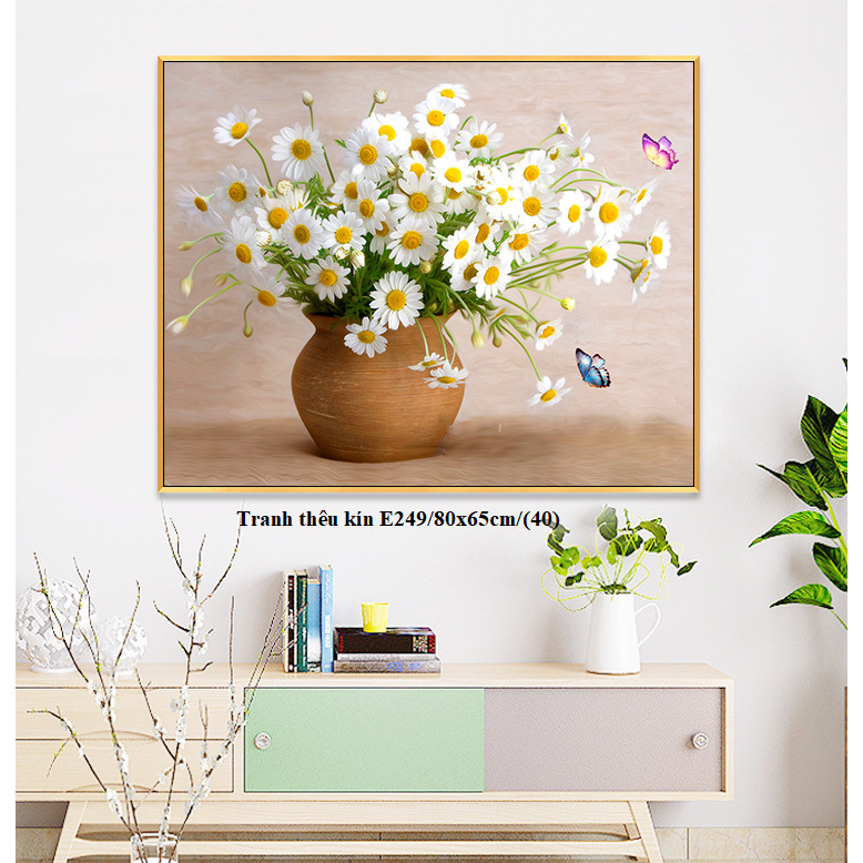 tranh thêu chữ thập phong cảnh bình hoa cúc họa mi e249 (80x65)cm