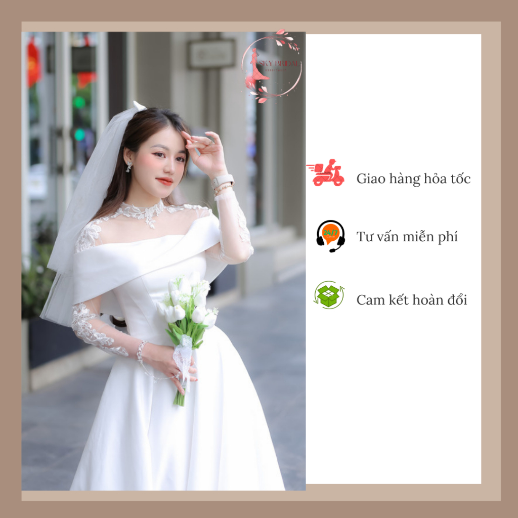 SKY Bridal Váy cưới, váy đi bàn, váy dạ hội kết hợp độc đáo rớt vai và tay dài đắp ren