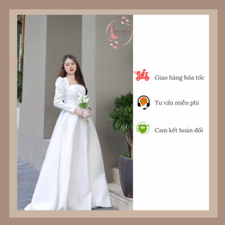 SKY Bridal Váy đầm cổ chữ U tay dài mặc cực sang