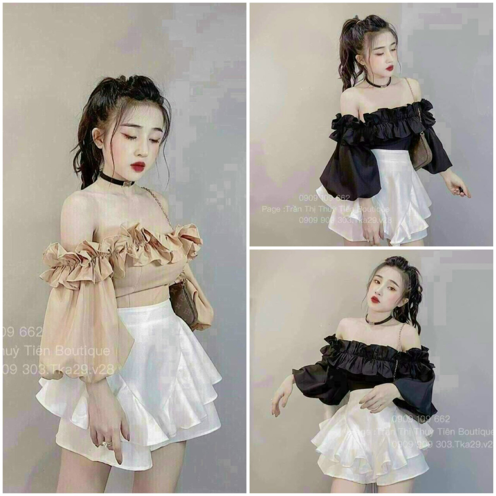 Set đầm váy nữ áo kiểu trễ vai tay phồng mix chân váy xòe bèo tầng siêu yêu dành cho các nàng diện đi chơi, dạo phố xinh
