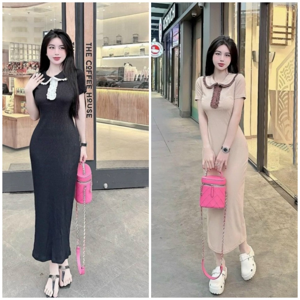 Đầm váy nữ tay ngắn cổ bèo viền mix dáng váy suông dài tôn dáng dành cho các nàng diện đi chơi, dạo phố siêu xinh.